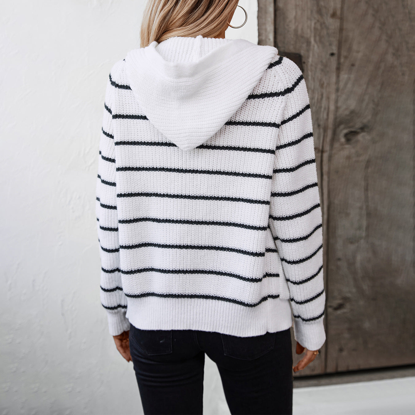 Damen gestreifte Strickjacke mit Kapuze und Taschen Sovae