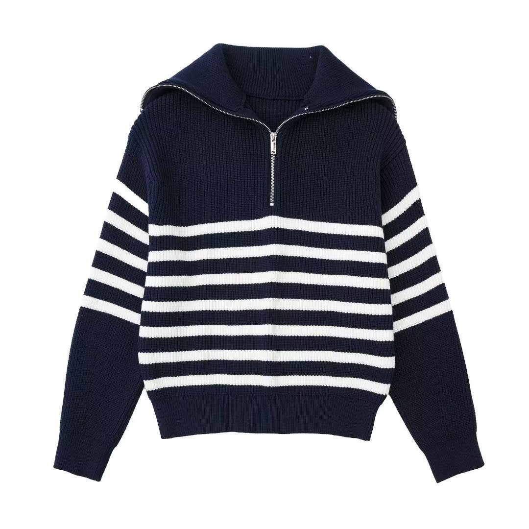 Damen modischer Strickpullover mit halbem Reißverschluss und Streifenmuster Sovae