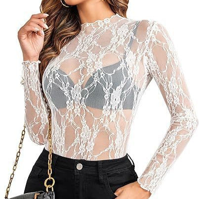 Damen Elegante Spitze Langarmoberteil Sovae