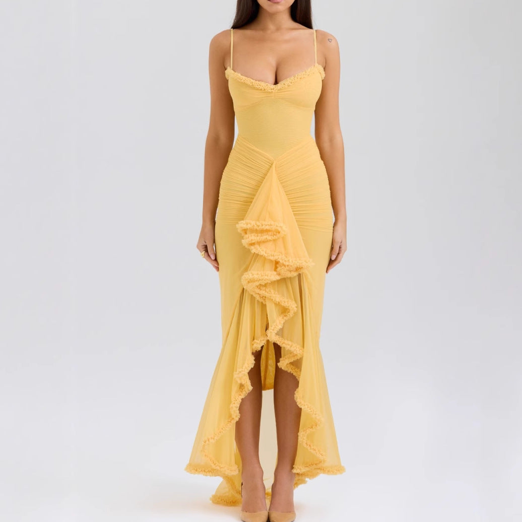 Damen elegantes Maxikleid mit Rüschendetails Sovae