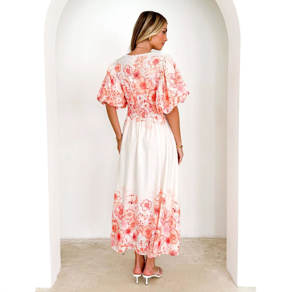 Damen luftiges Maxikleid mit voluminösen Ärmeln und floralem Print Sovae