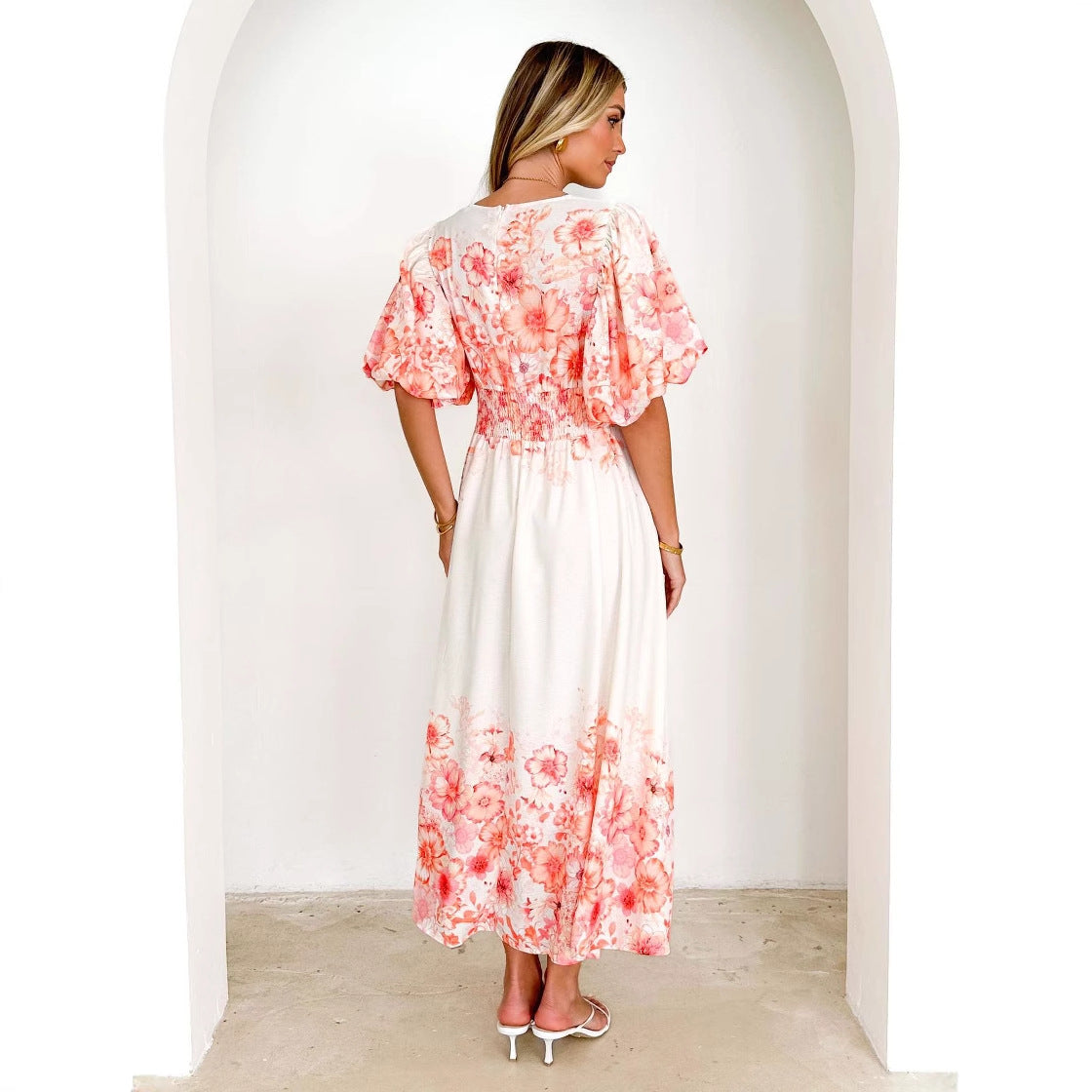 Damen luftiges Maxikleid mit voluminösen Ärmeln und floralem Print Sovae