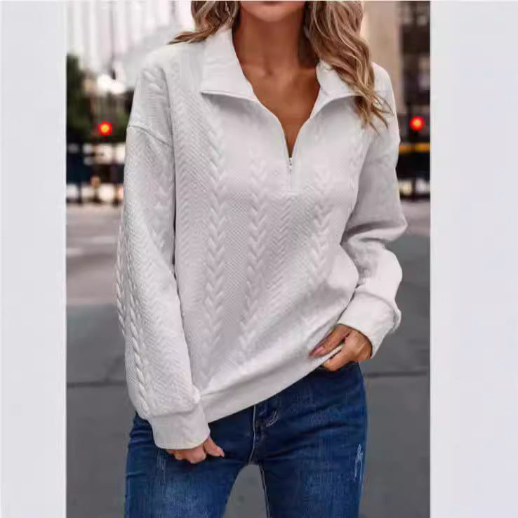 Damen Hochwertiger Pullover mit Zipper und Zopfmuster Sovae
