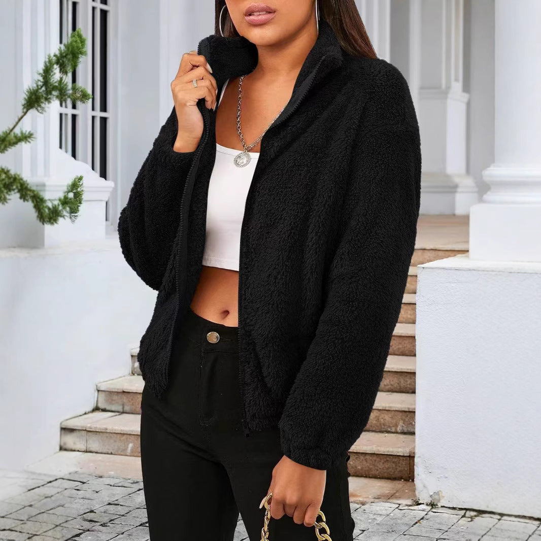 Damen Kuschelige Fleecejacke mit hohem Kragen und seitlichen Taschen Sovae