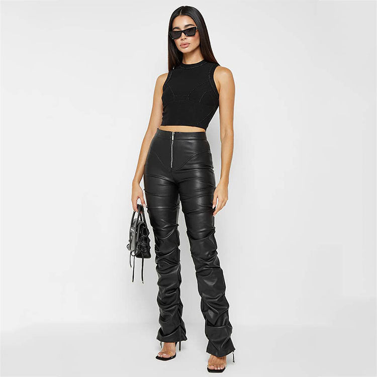 Damen Elegante High-Waist-Lederhose mit asymmetrischem Schnitt Sovae