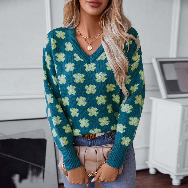 Damen Strickpullover mit floralem Muster und V-Ausschnitt Sovae