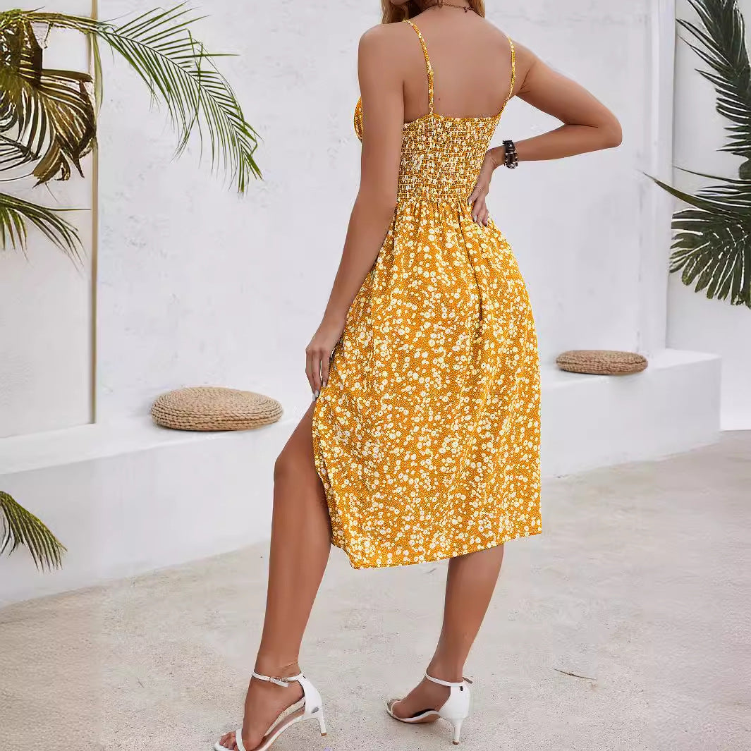 Damen Knielanges Floral-Sommerkleid mit Schlitz Sovae