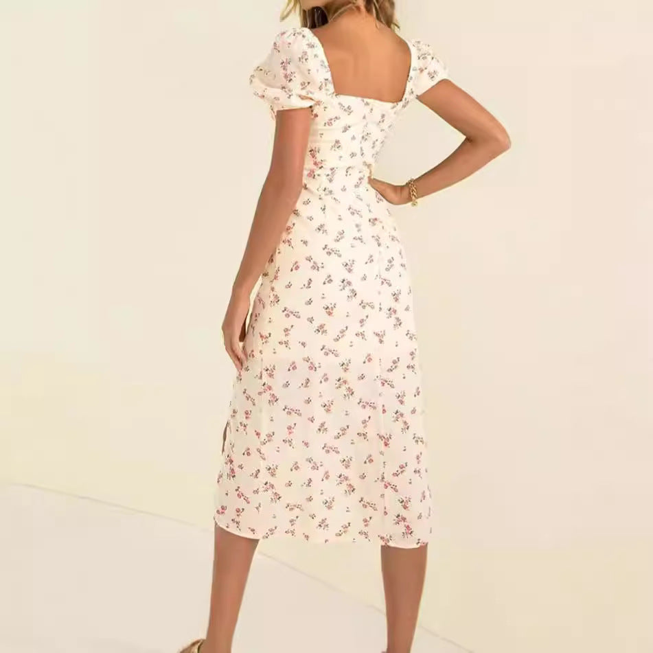 Damen romantisches Midi-Kleid mit Puffärmeln und floralem Muster Sovae