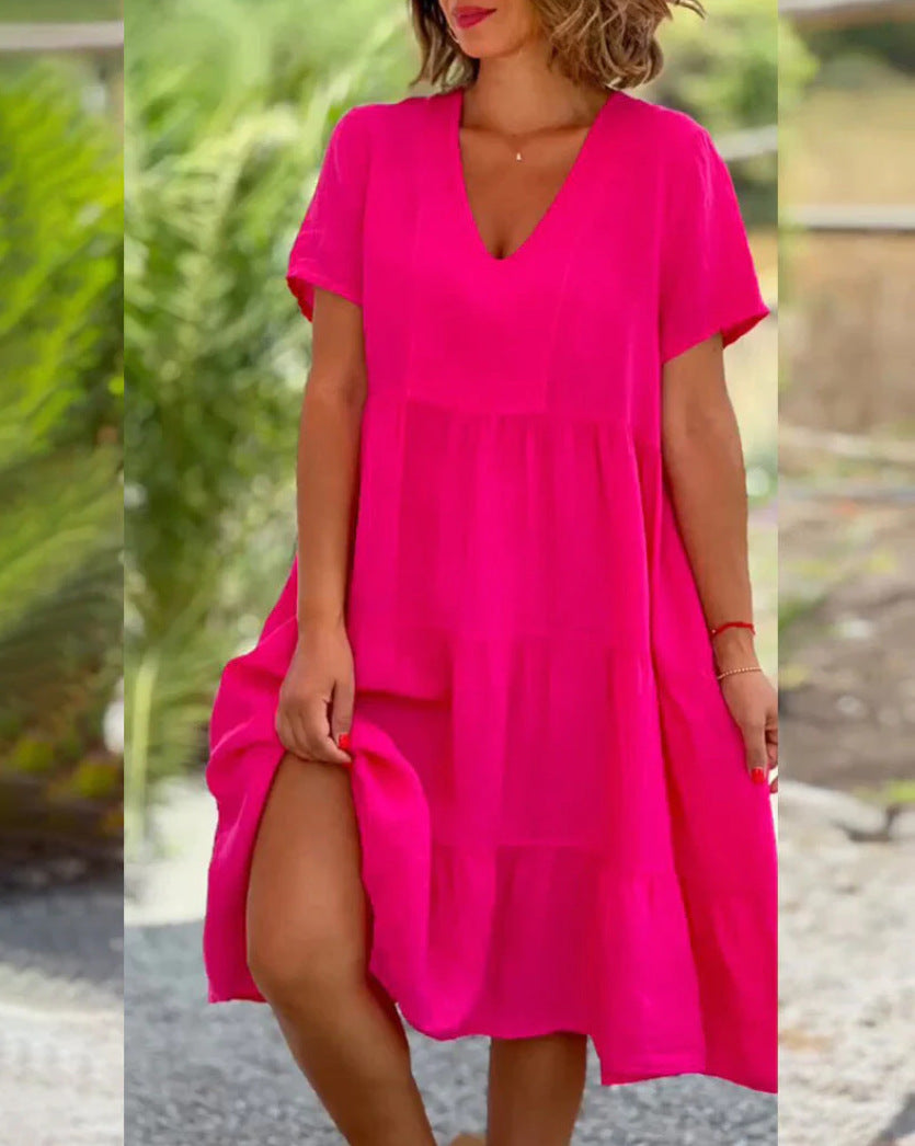 Damen luftiges V-Ausschnitt Kleid mit schwingendem Saum Sovae