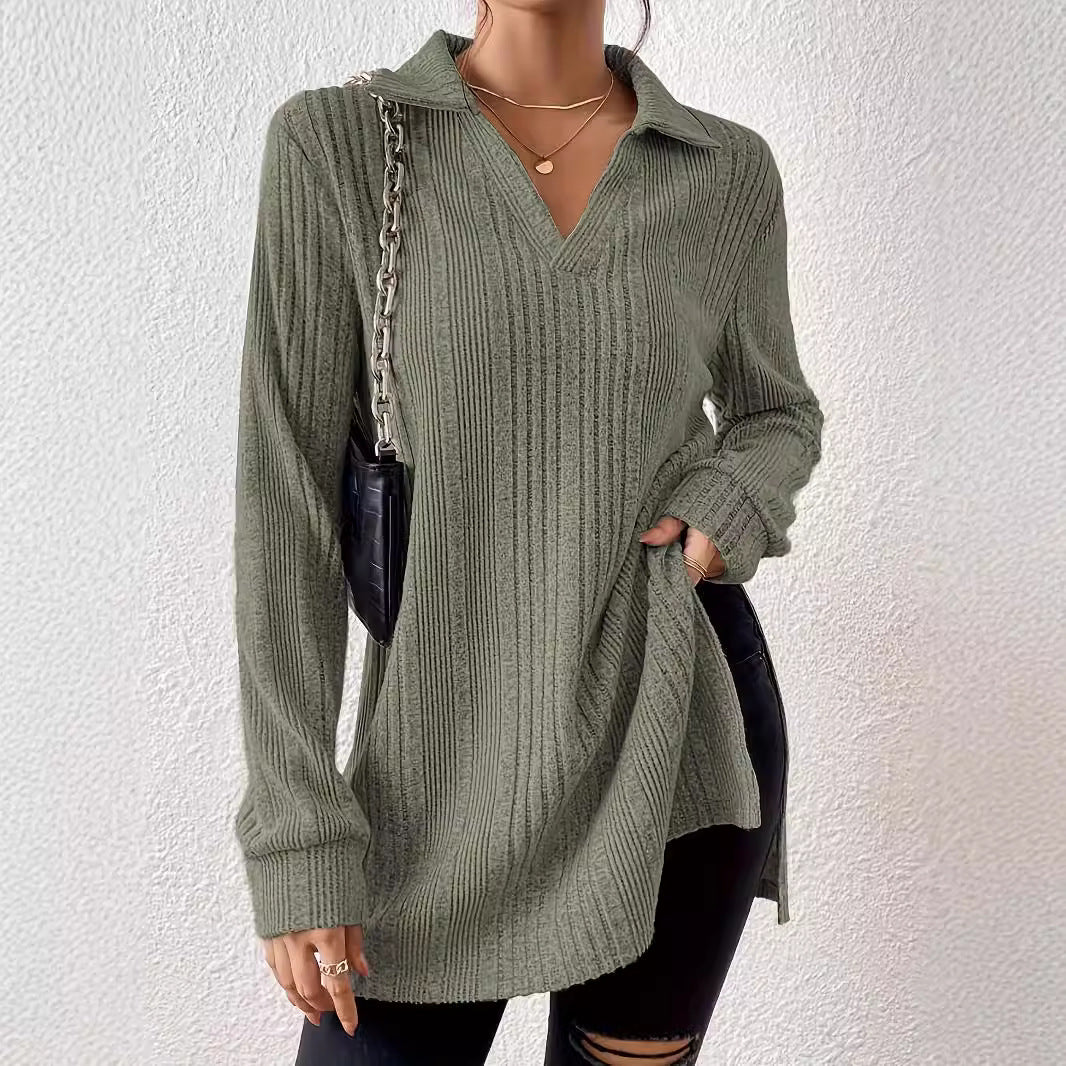 Damen Langarm Shirt mit strukturiertem V-Ausschnitt und schmalen Rippdetails Sovae