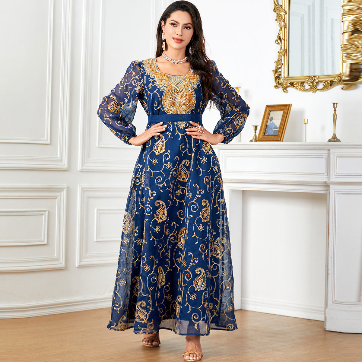 Damen Besticktes Maxikleid mit transparenten Ärmeln Sovae