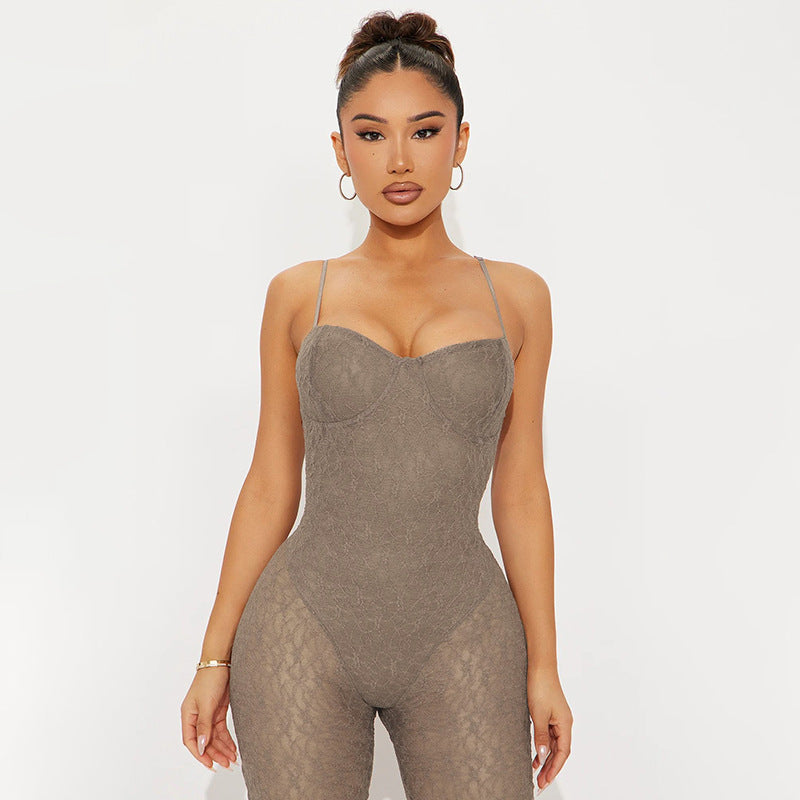 Damen Babydoll Jumpsuit mit transparenter Spitze Sovae