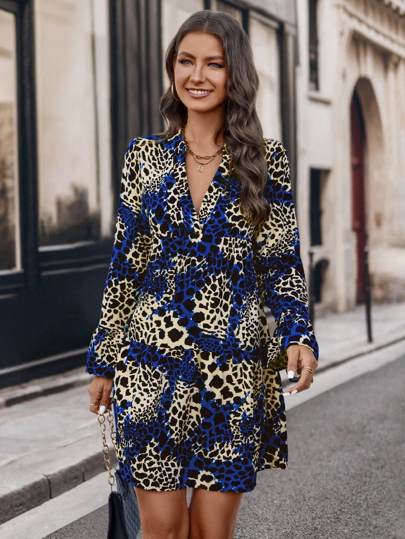 Damen Kurzarm-Kleid mit einzigartigem Tiermuster Sovae