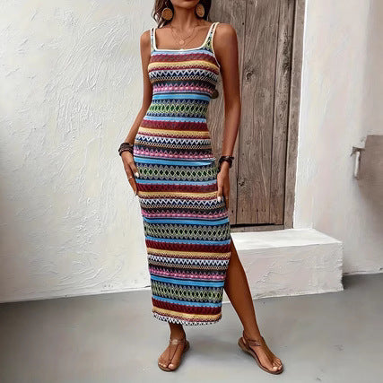 Damen Maxikleid im modernen Streifenlook mit seitlichem Schlitz und ärmellosem Design Sovae