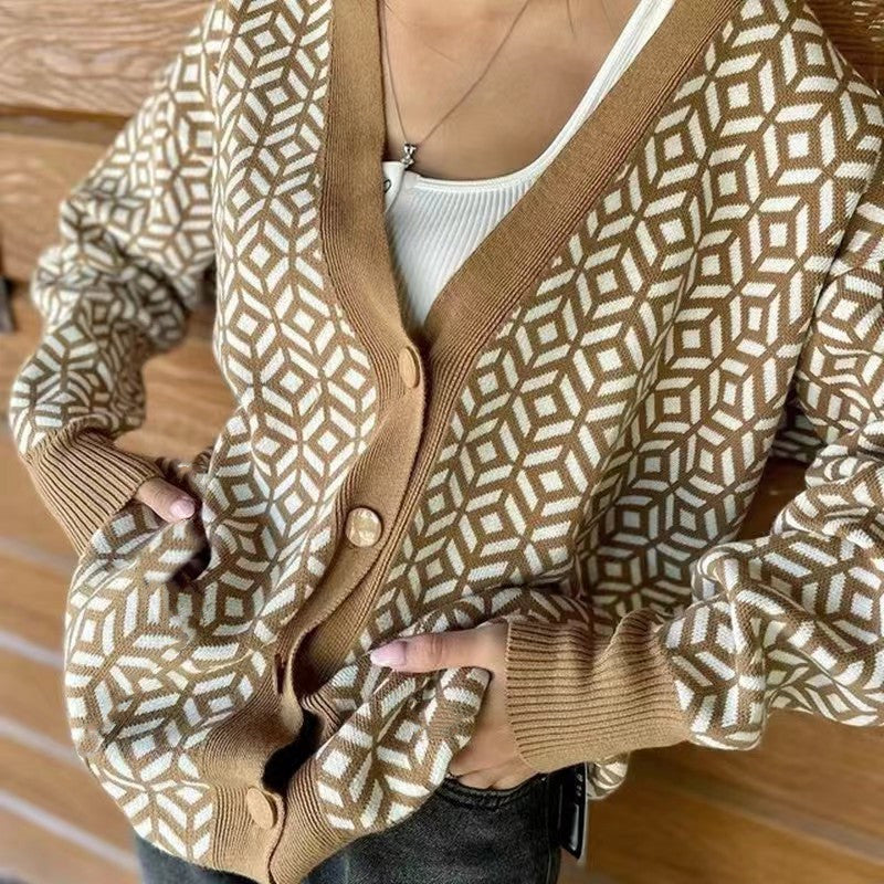 Damen Grober Strickjacke mit V-Ausschnitt und auffälligem Muster Sovae