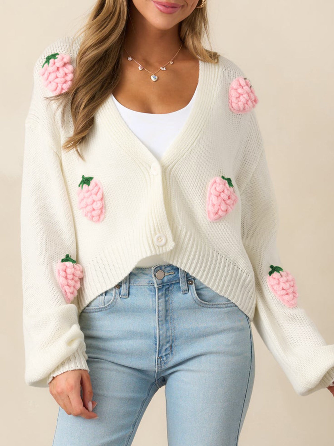 Damen lässige Strickjacke mit fruchtigen Applikationen und offenen Ärmeln Sovae