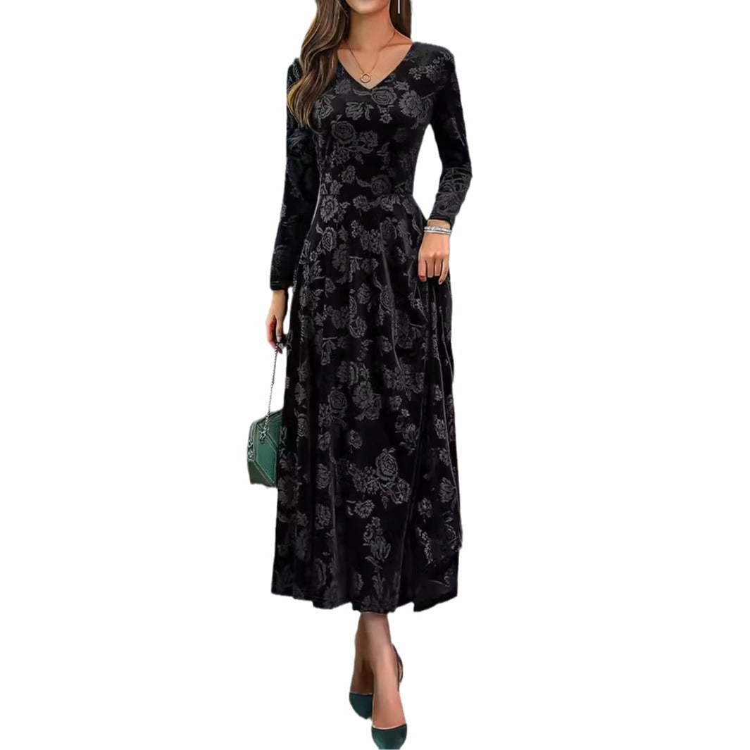 Damen Samt-Maxikleid mit floralem Muster und elegantem V-Ausschnitt Sovae