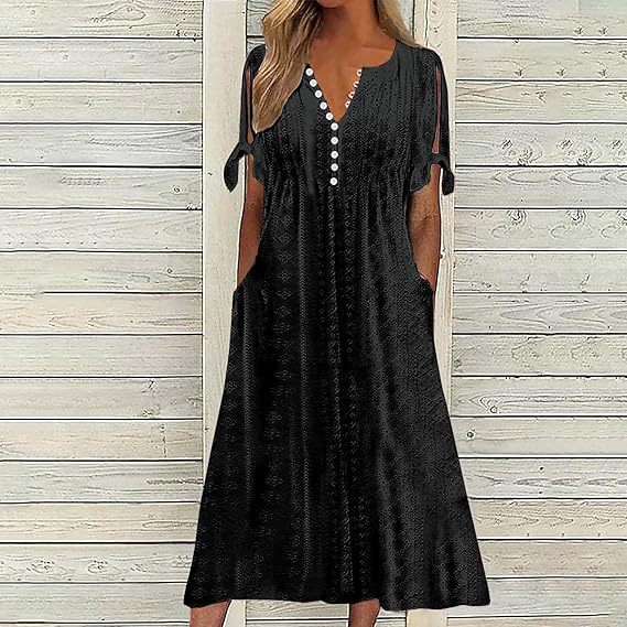 Damen Midi Kleid mit luftigen Einsätzen und dekorativen Details Sovae