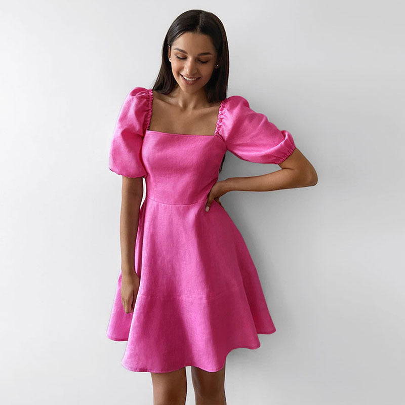 Damen Midikleid mit Puffärmeln und Quadrat-Ausschnitt Sovae