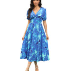 Damen elegantes Midikleid mit Puffärmeln und floralem Print Sovae