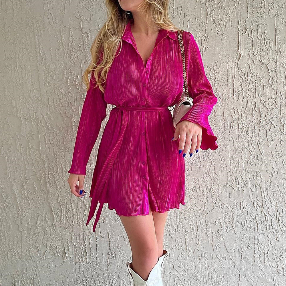Damen Hemdblusenkleid mit raffinierten Falten und Gürtel Sovae