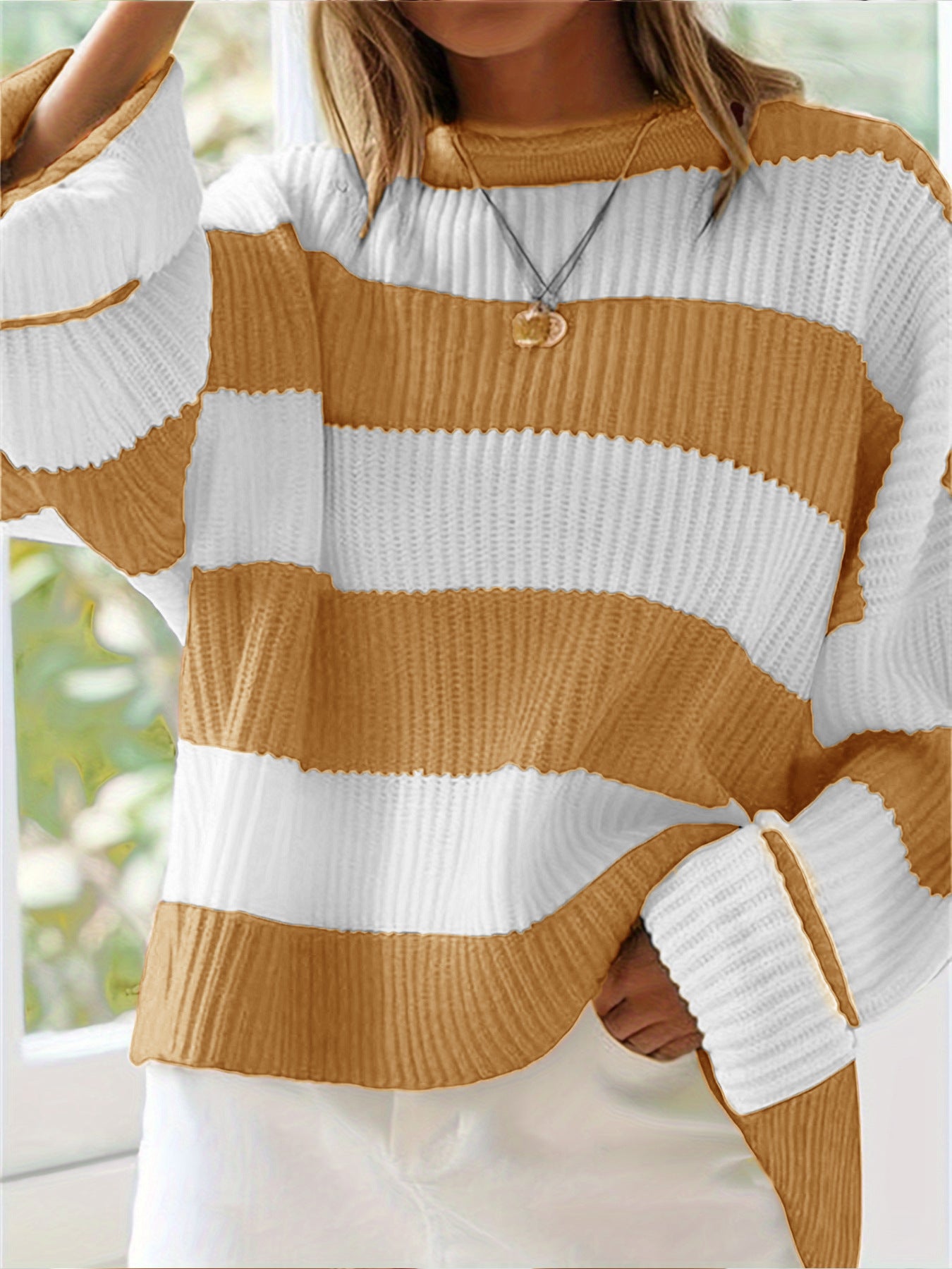 Damen lässiger Strickpullover mit breiten Streifen und lockerer Passform Sovae