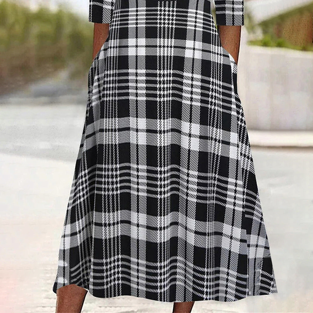 Damen Karierter Maxikleid mit Knopfleiste und praktischen Taschen Sovae
