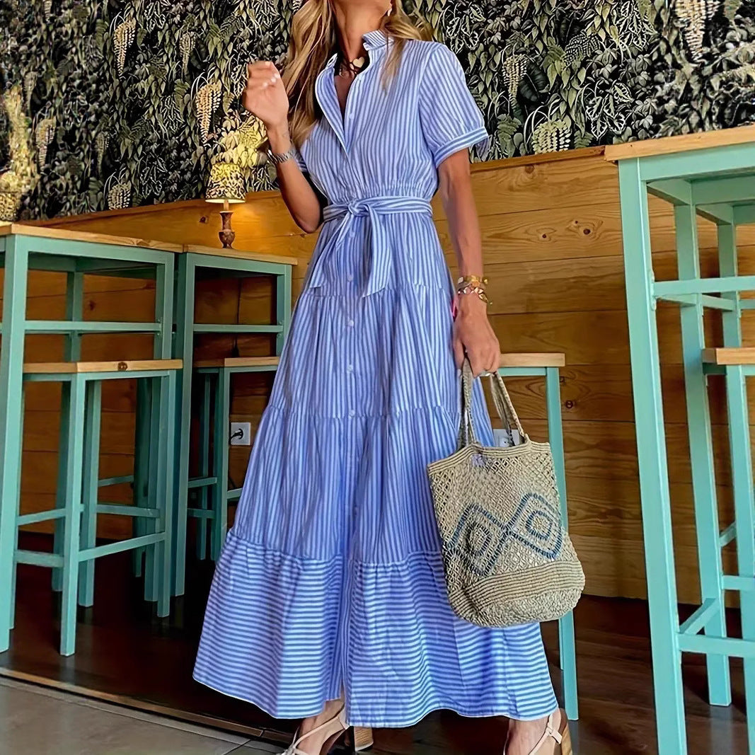 Damen langes Hemdblusenkleid mit Taillengürtel und stimmungsvollem Streifenmuster Sovae