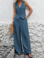 Damen Hosenanzug mit ärmellosem Blazer und weitem Bein Sovae