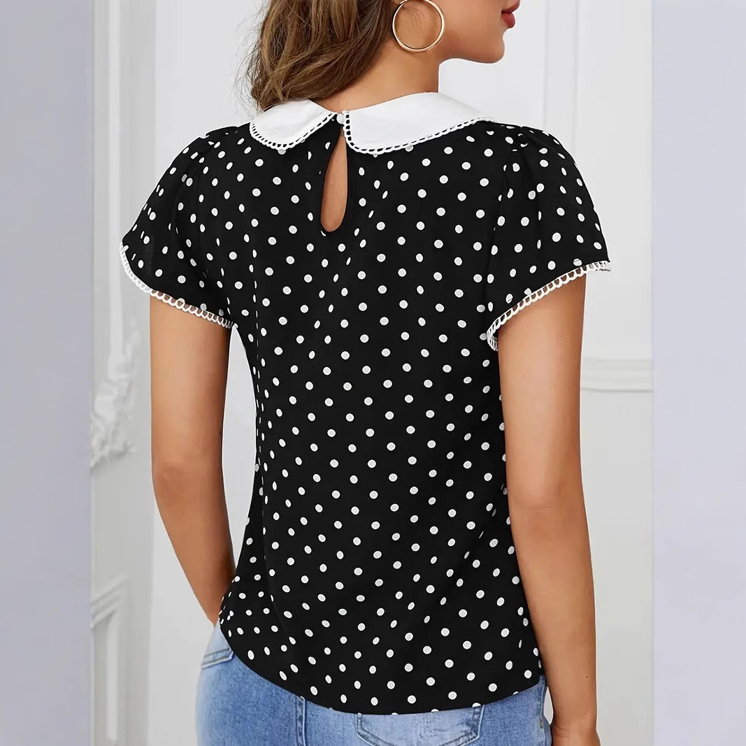 Damen Shirt mit verspielt gehäkeltem Kragen und Punktmuster Sovae