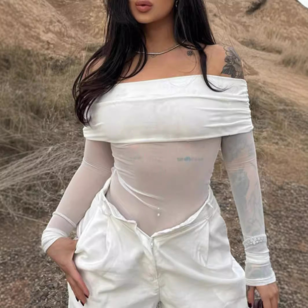 Damen Oberteil mit schulterfreiem Design und transparenten Ärmeln Sovae