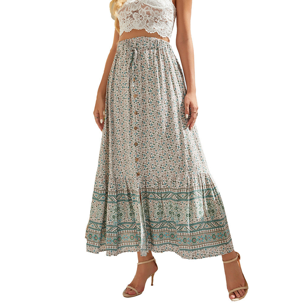 Damen Maxirock mit ausgefallenem Floral-Design und Knopfdetails Sovae