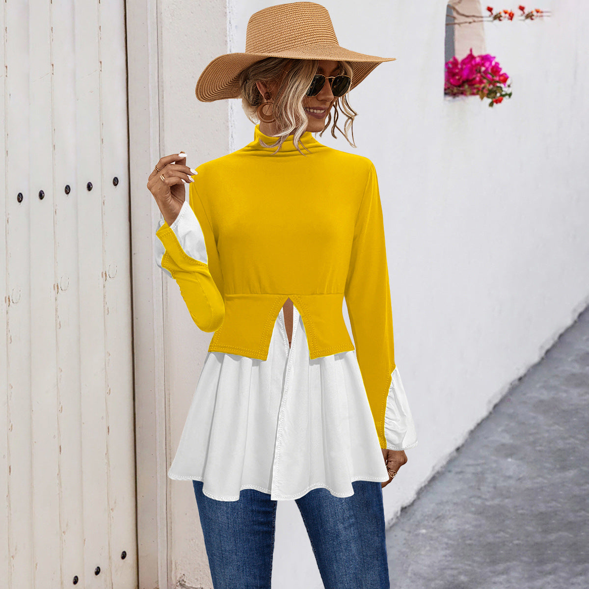 Damen Modisches Hemdblusenshirt mit hohem Kragen und asymmetrischem Schnitt Sovae