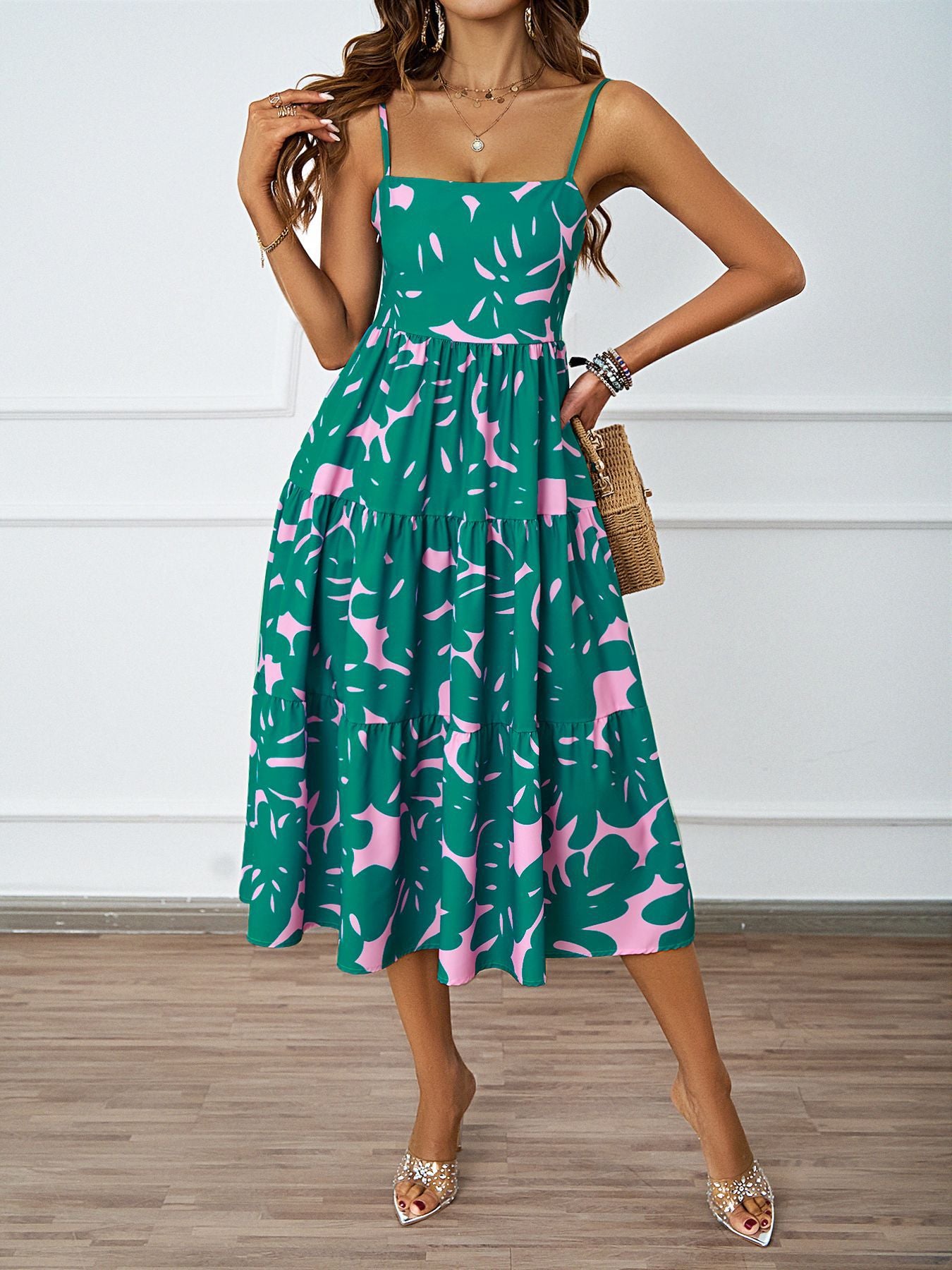 Damen luftiges Midi-Kleid mit floralem Musterdruck und Rüschensaum Sovae