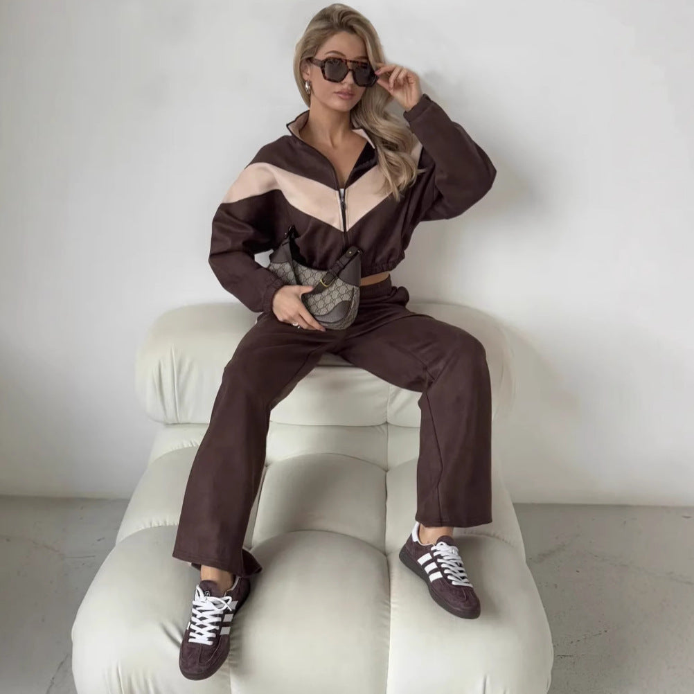 Damen sportlicher Fleece-Loungewear-Anzug mit Reißverschluss Sovae