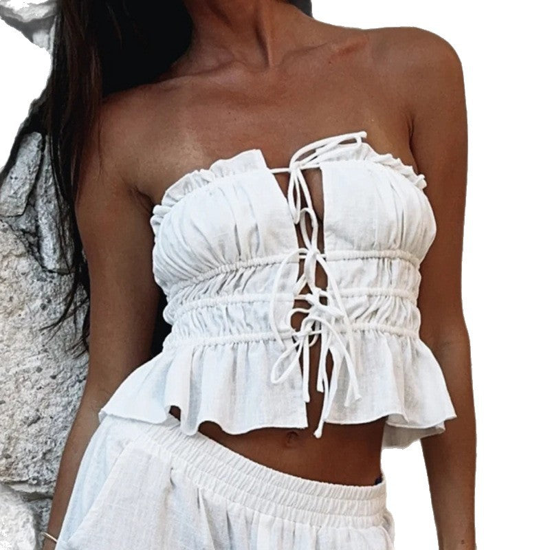 Damen Rüschen Crop-Top mit verstellbarem Schnürdesign Sovae
