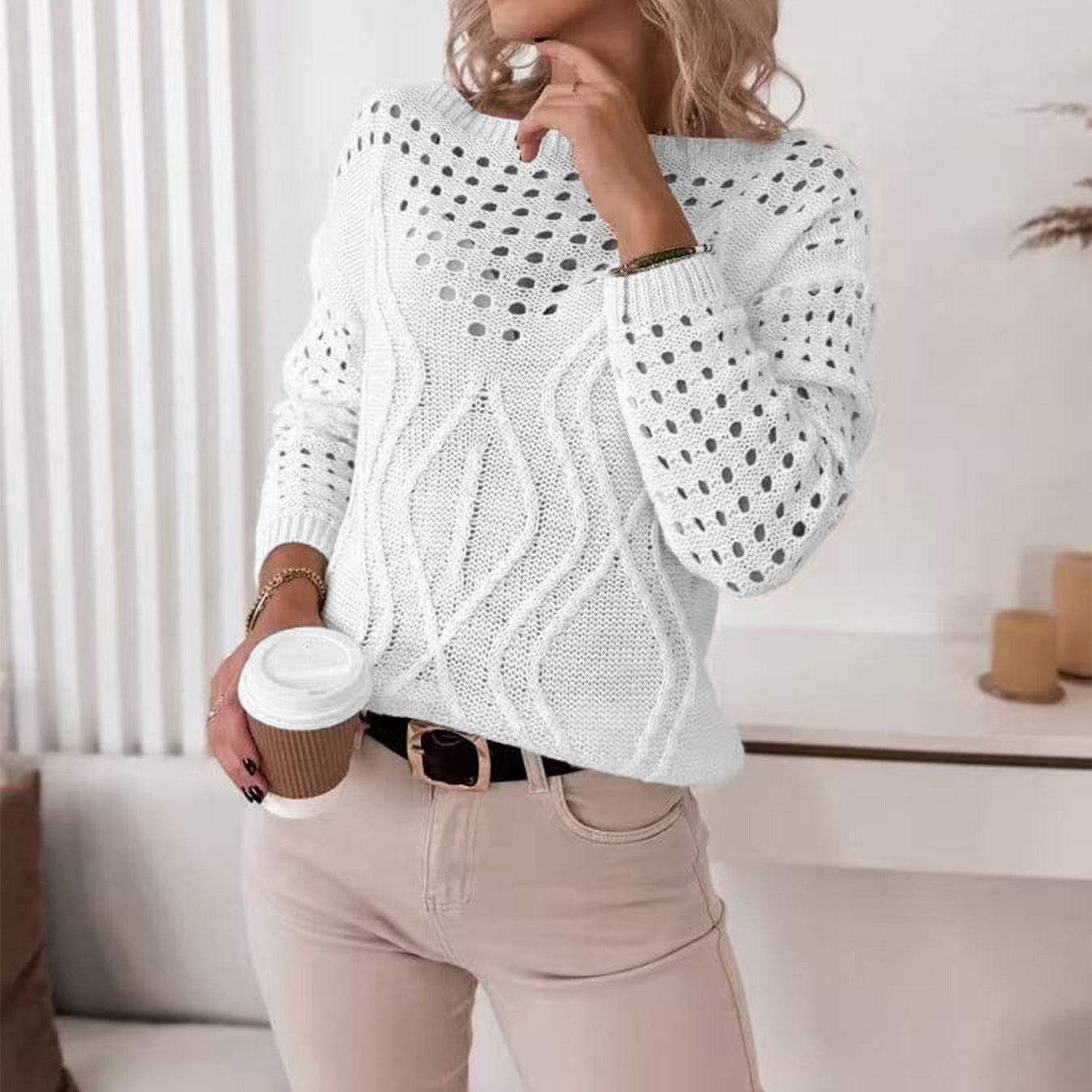 Damen Strickpullover mit luftigen Lochmustern und zartem Zopfdesign Sovae