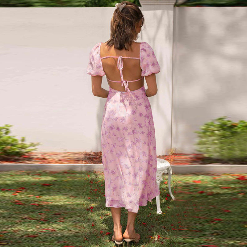 Damen Elegantes Midikleid mit Puffärmeln und verspieltem Blumenmuster Sovae