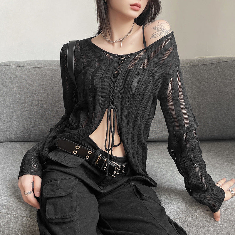 Damen Strickjacke mit modernem Schnürdesign und feinen Lochmustern Sovae