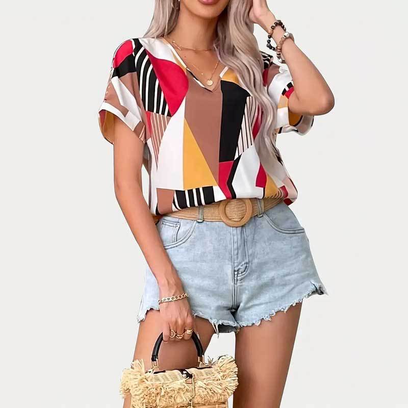 Damen Abstract Print Kurzarm Oberteil Sovae