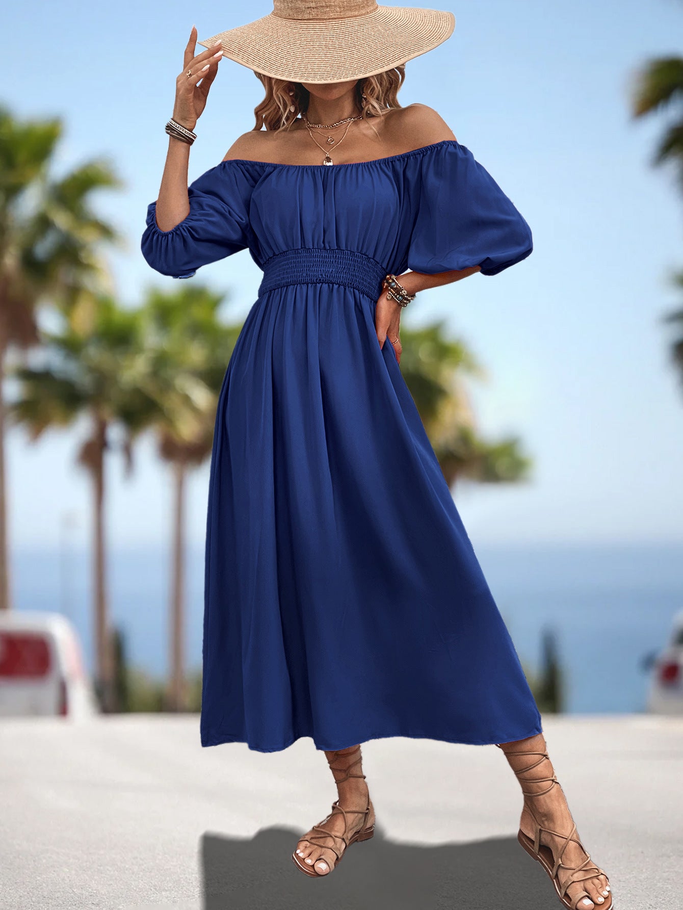 Damen Off-Shoulder Midi-Kleid mit elastischem Bund und voluminösen Ärmeln Sovae