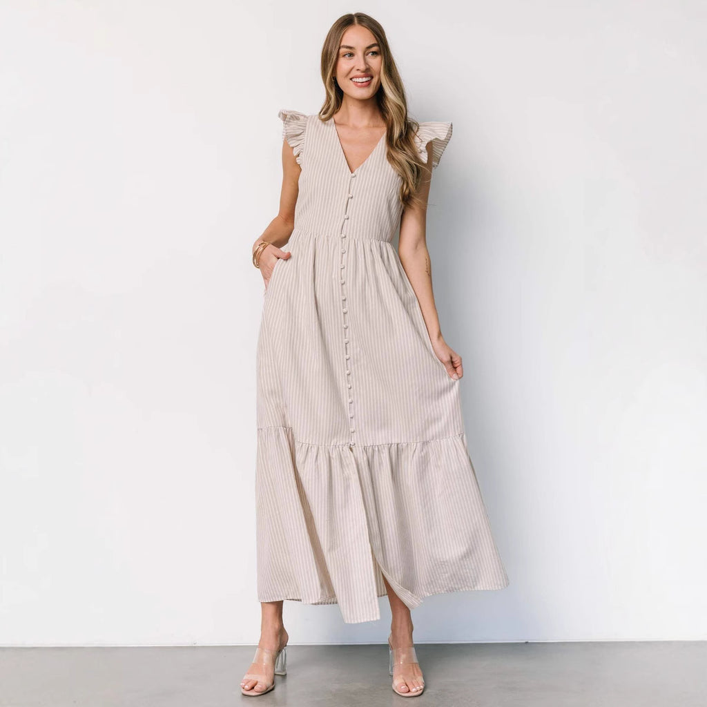 Damen Maxikleid mit voluminösen Ärmeln und durchgehender Knopfleiste Sovae