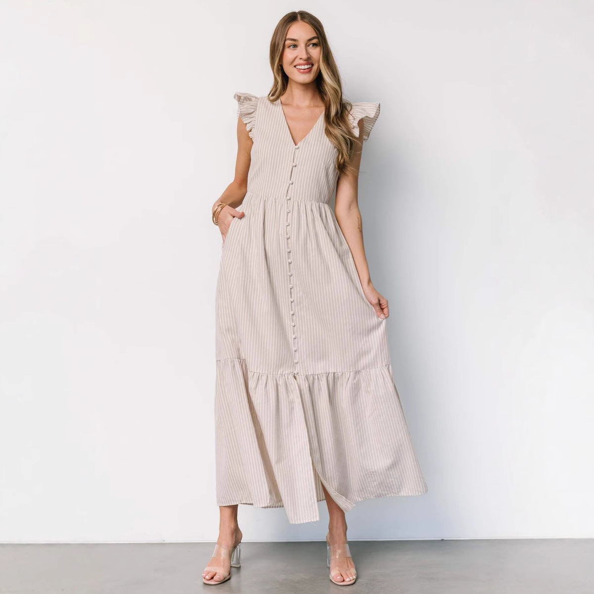 Damen Maxikleid mit voluminösen Ärmeln und durchgehender Knopfleiste Sovae