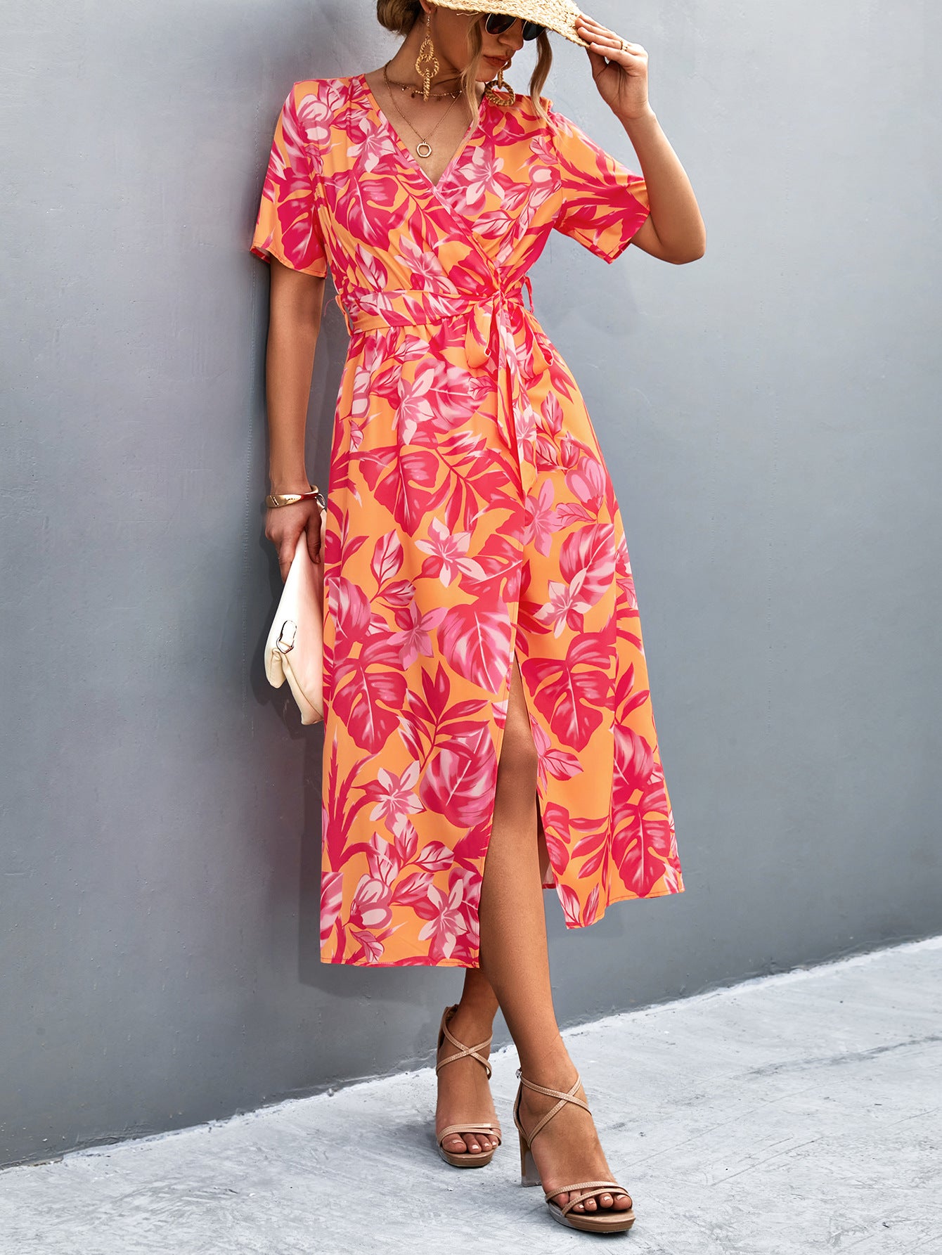 Damen Wickelmaxikleid mit floralem Muster und eleganter Schärpe Sovae