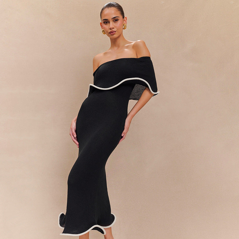 Damen elegantes Off-Shoulder Maxikleid mit Rüschensaum Sovae
