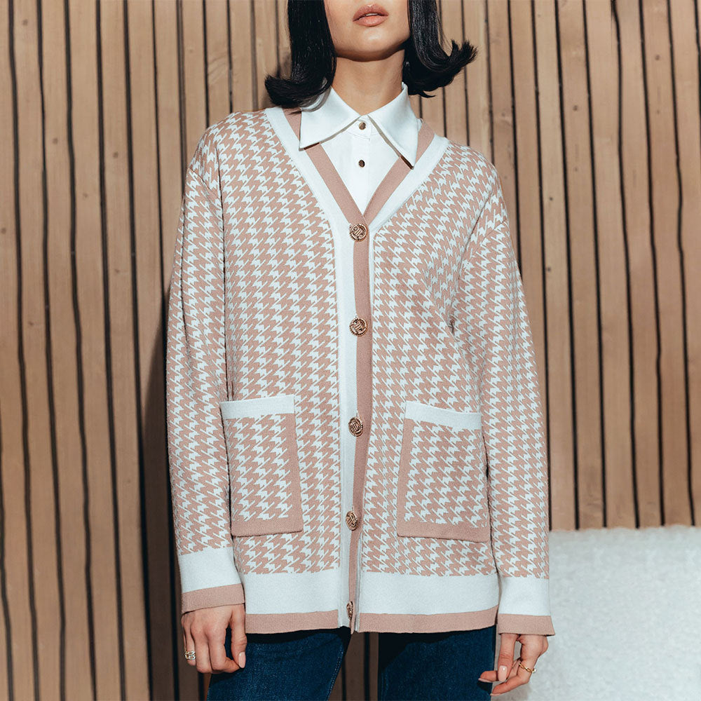 Damen Strickcardigan mit klassischem Hahnentritt-Muster und Knopfleiste Sovae