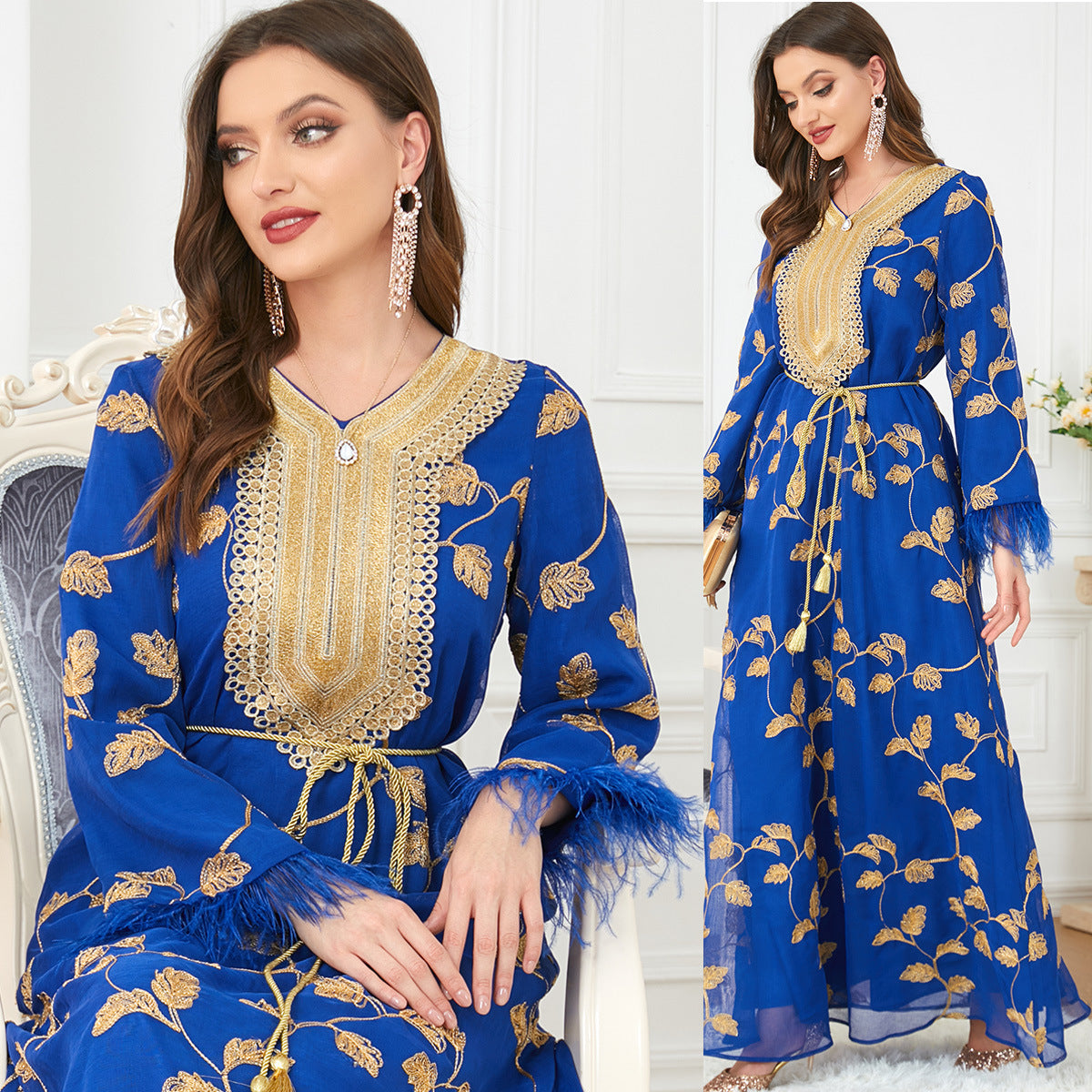 Damen Maxikleid mit luxuriöser floralem Stickerei und Gürtel Sovae