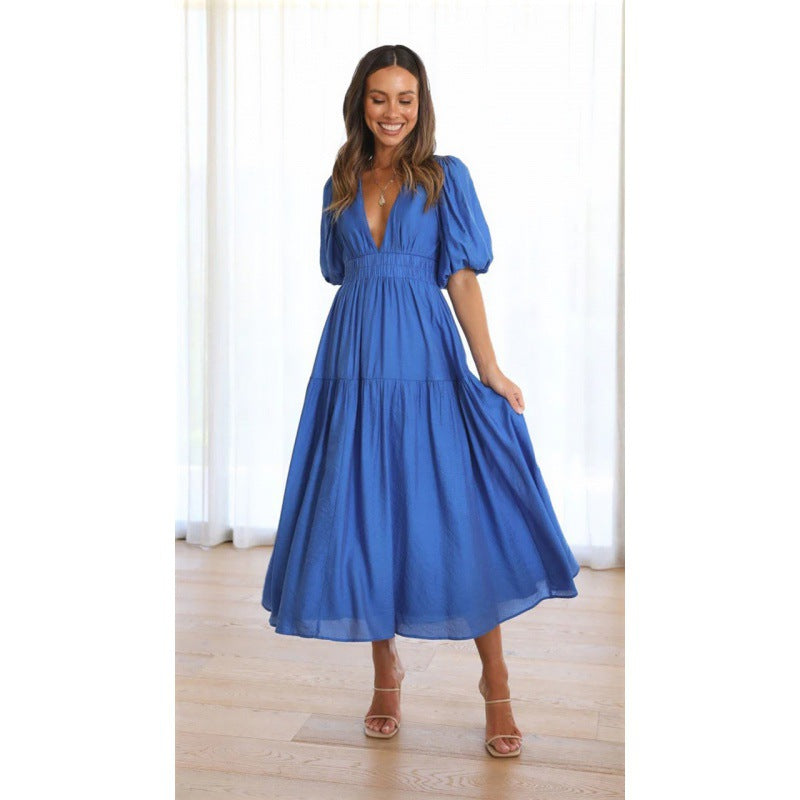 Damen Midi-Kleid mit Puffärmeln und tiefem V-Ausschnitt Sovae
