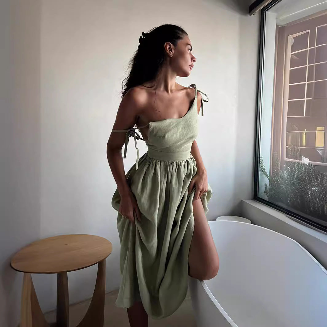 Damen Midi-Linnenkleid mit Spaghetti-Trägern Sovae