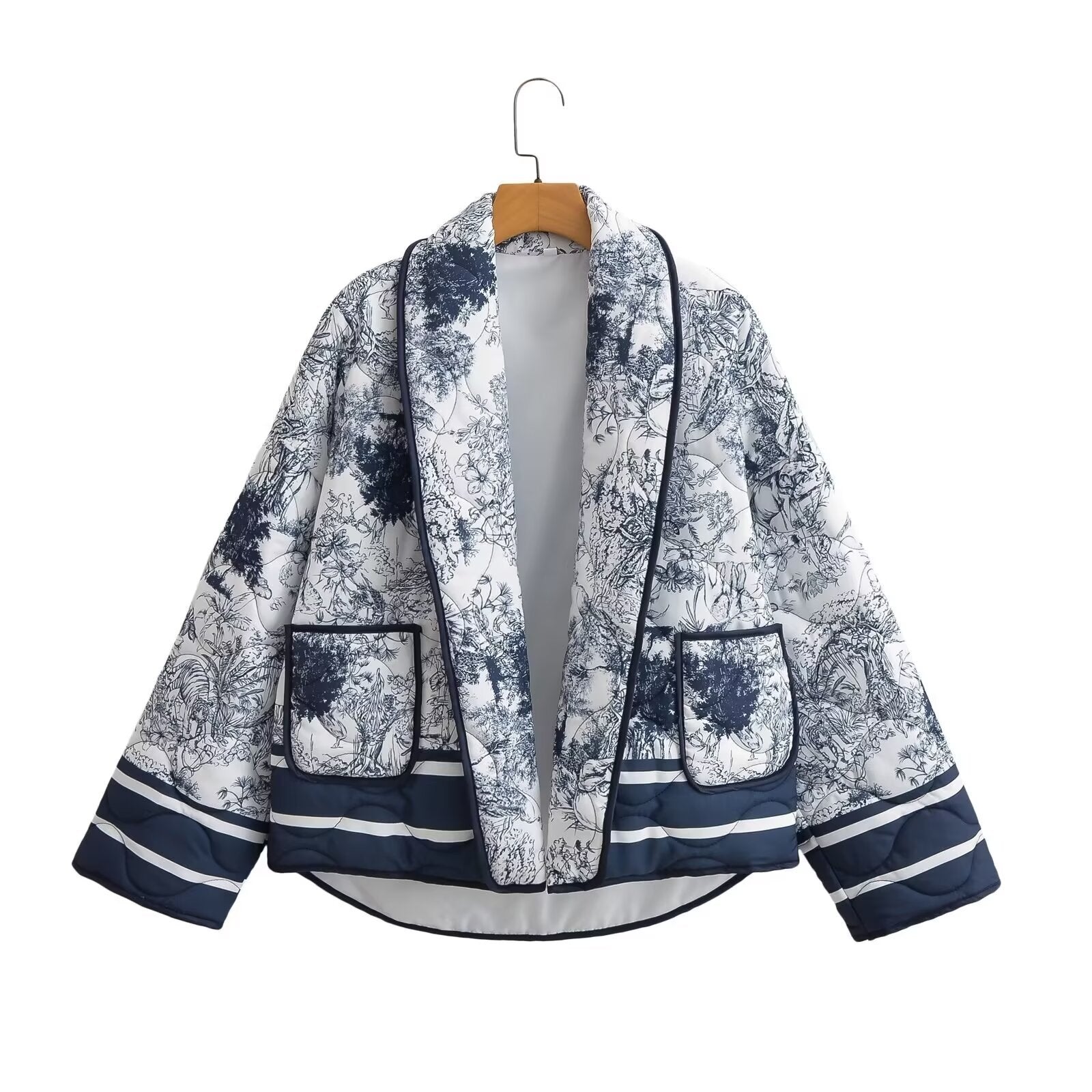Damen leichte Steppjacke im botanischen Design mit großen Taschen Sovae